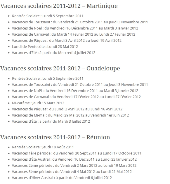 Vacances Scolaires 2011-2012 Martinique Guadeloupe Réunion