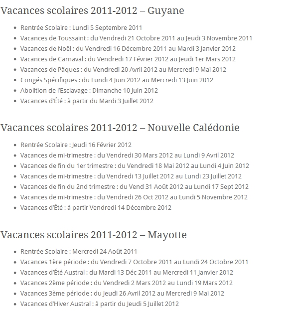 Vacances Scolaires 2011-2012 Guyane Nouvelle Calédonie Mayotte