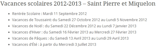 Vacances scolaires 2012-2013 Saint Pierre et Miquelon
