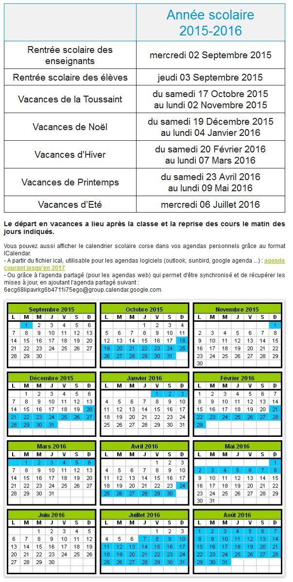 Calendrier 2015-2016 des vacances scolaires en Corse
